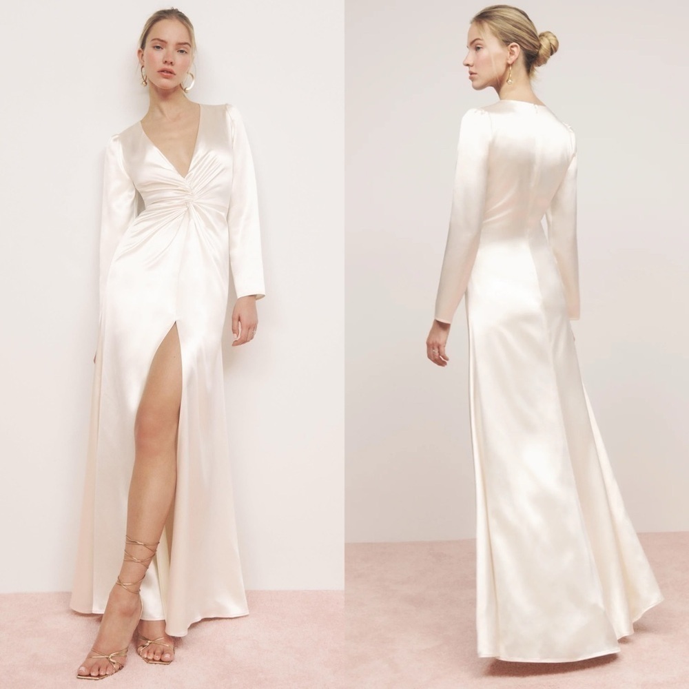 Reformation Dress Delphi Silk Slit Long-Sleeve Wedding‎ Maxi Ivory 2 FLAW - Picture 12 of 14